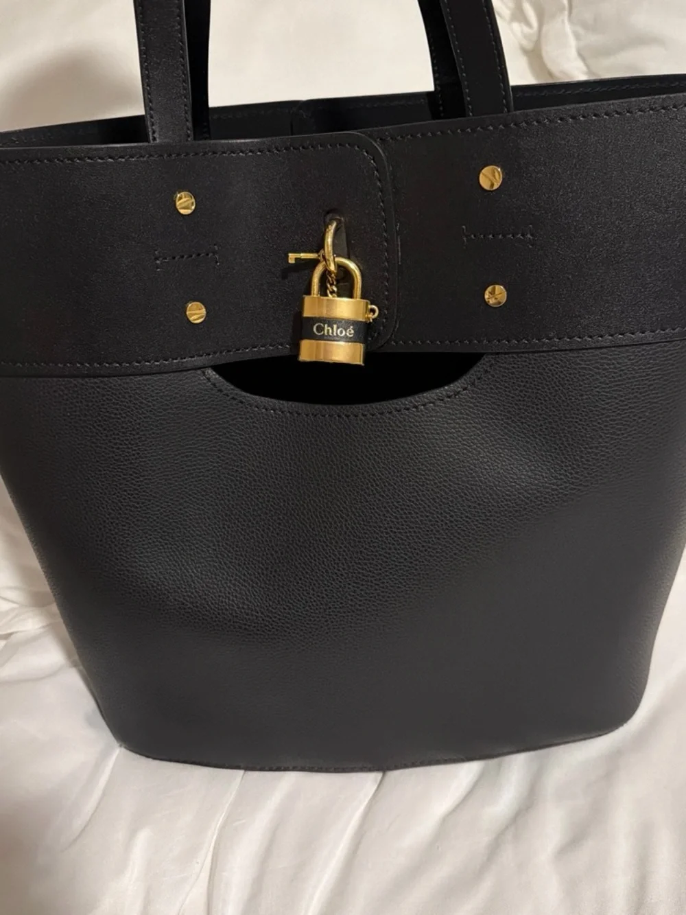 Chloé Black Leather Tote with Gold Padlock Accent - Picture 3 of 7